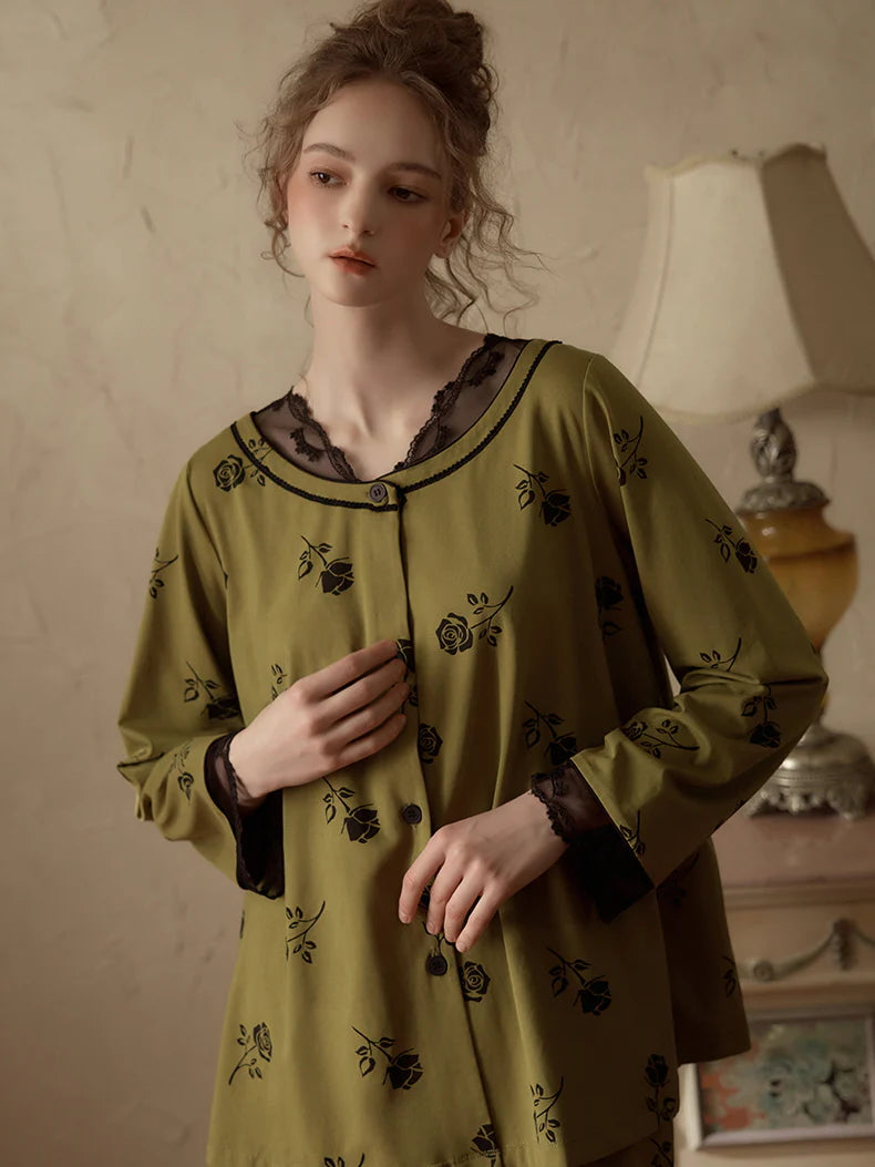 Vintage Rose Lace Trim Pajama Set