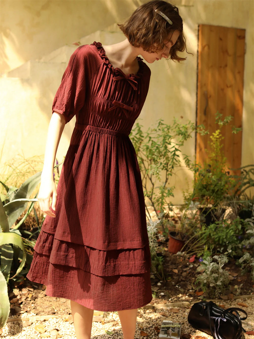 Vintage Cottage Ribbon Wine Red Dress