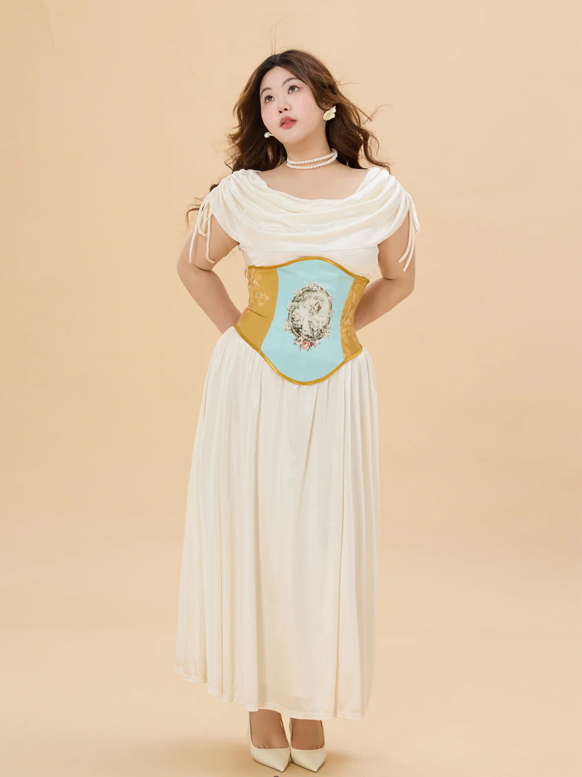 White Satin Glow Plus Size Dress with Ruched Shoulders
