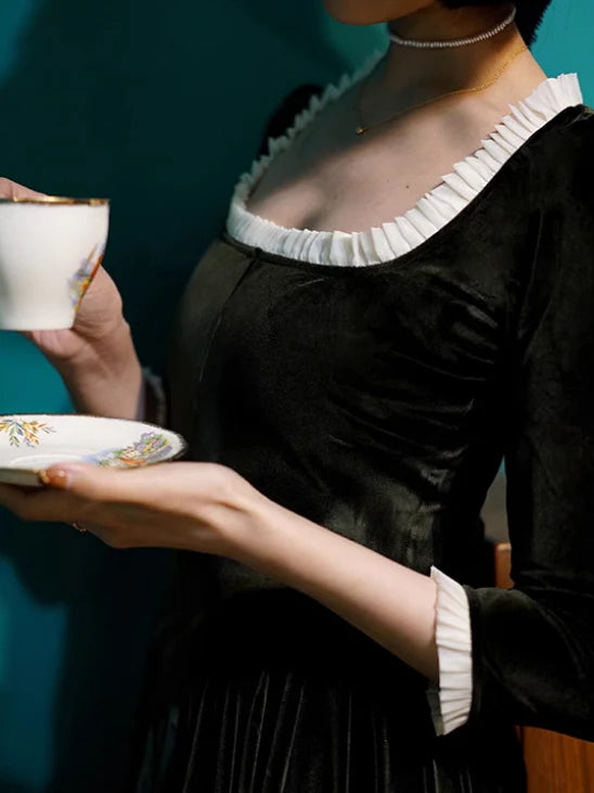 Ruffled Trim Royal Green Velvet Vintage Dress