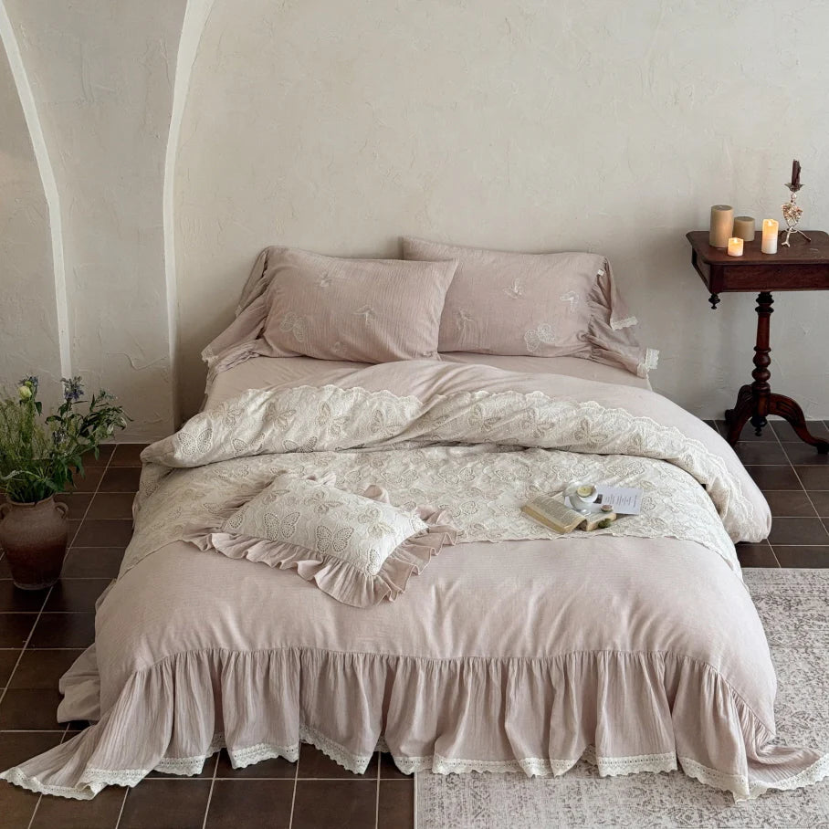 Pink Butterfly Lace Ruffle Bedding Set