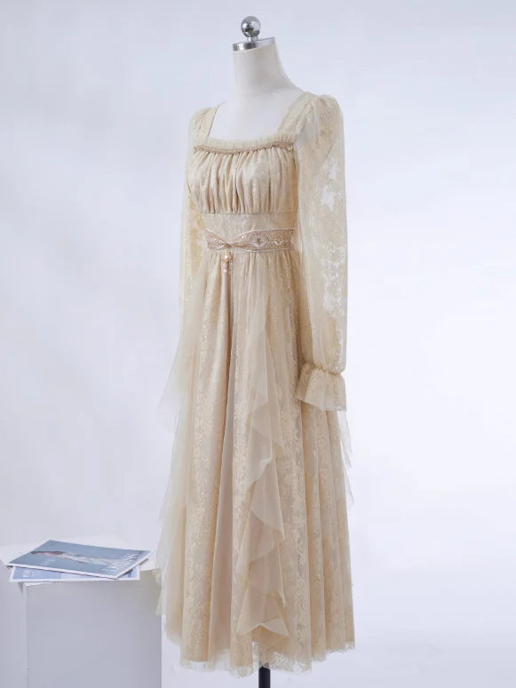 Golden Elegance Vintage Lace Dress