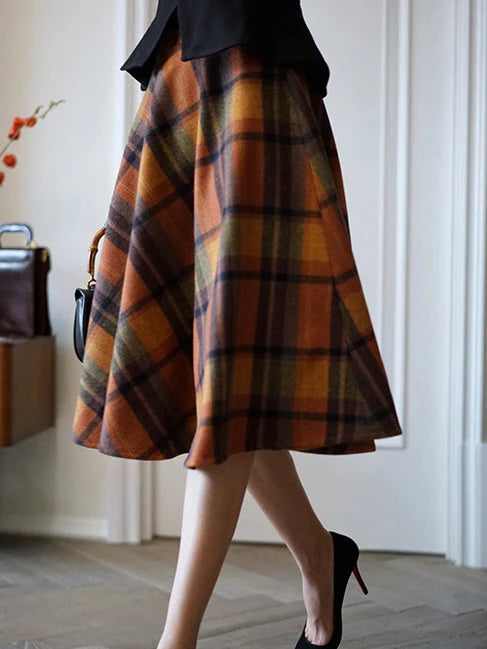 Vintage Autumn Wool Plaid Skirt