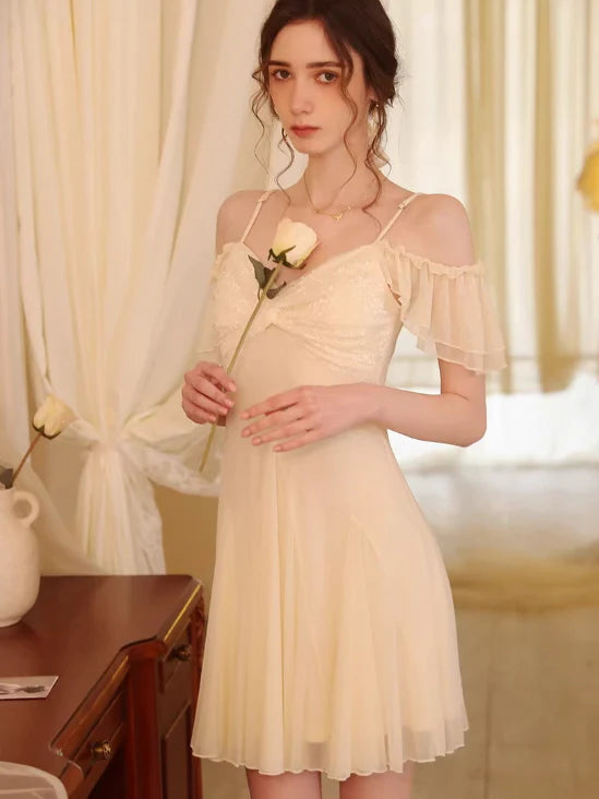 Whimsical Off-Shoulder Lace Nightgown