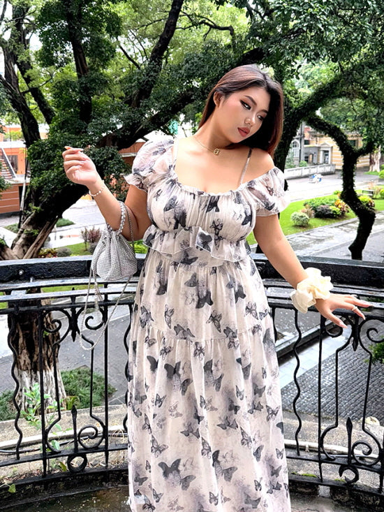 Butterfly Off-Shoulder Chiffon Dress