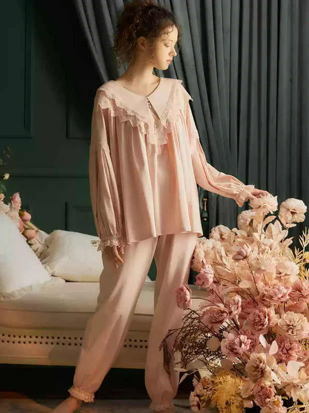 Elegant Lace-Trimmed Cotton Pajama Set