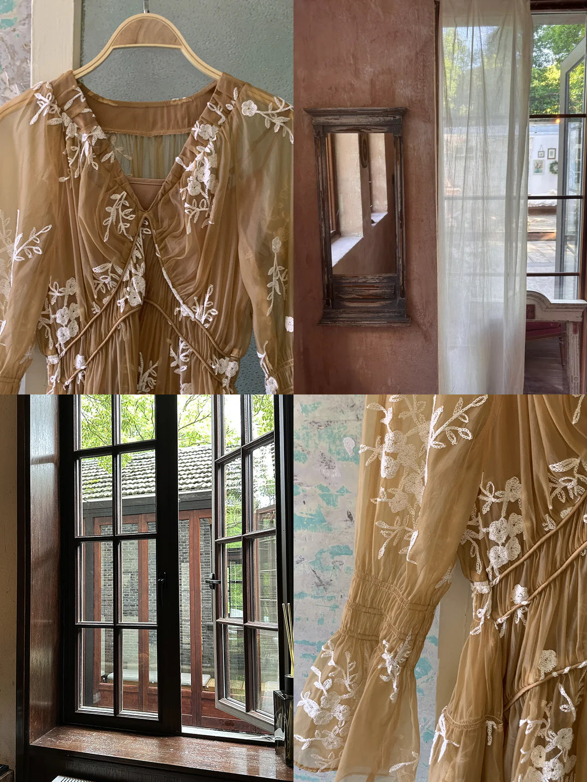 Golden Bloom Embroidered Sheer Dress