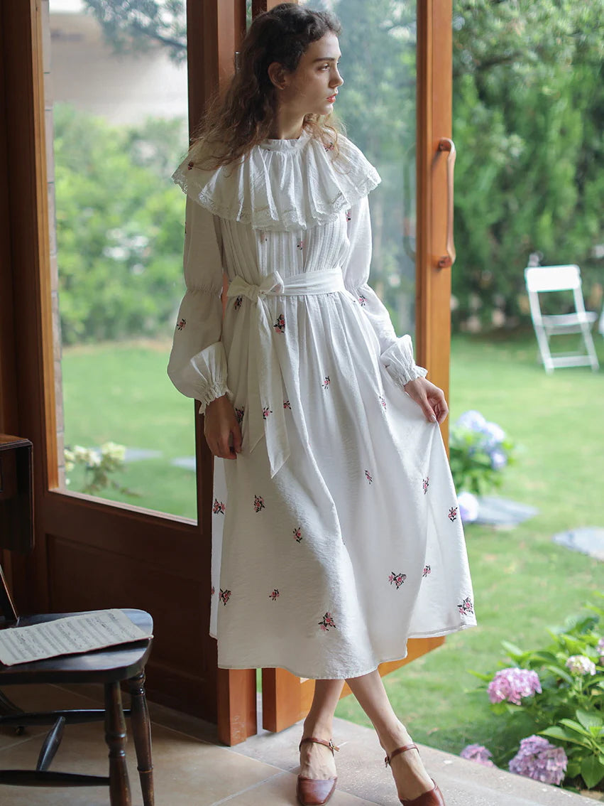 Floral Embroidery Vintage Ruffled Cotton Dress