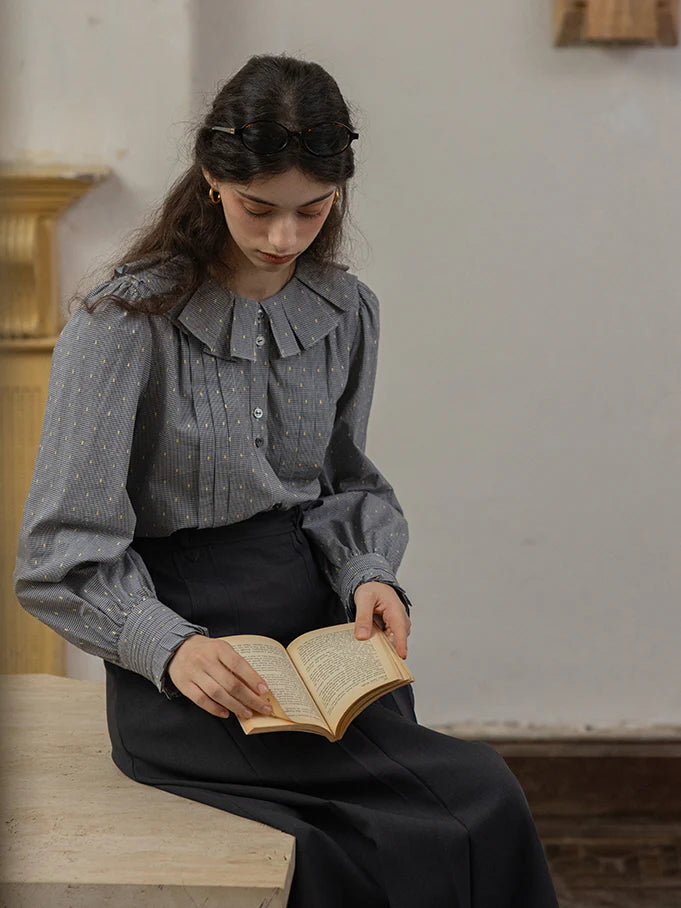 Ruffled Collar Classic Checkered Cotton Blouse