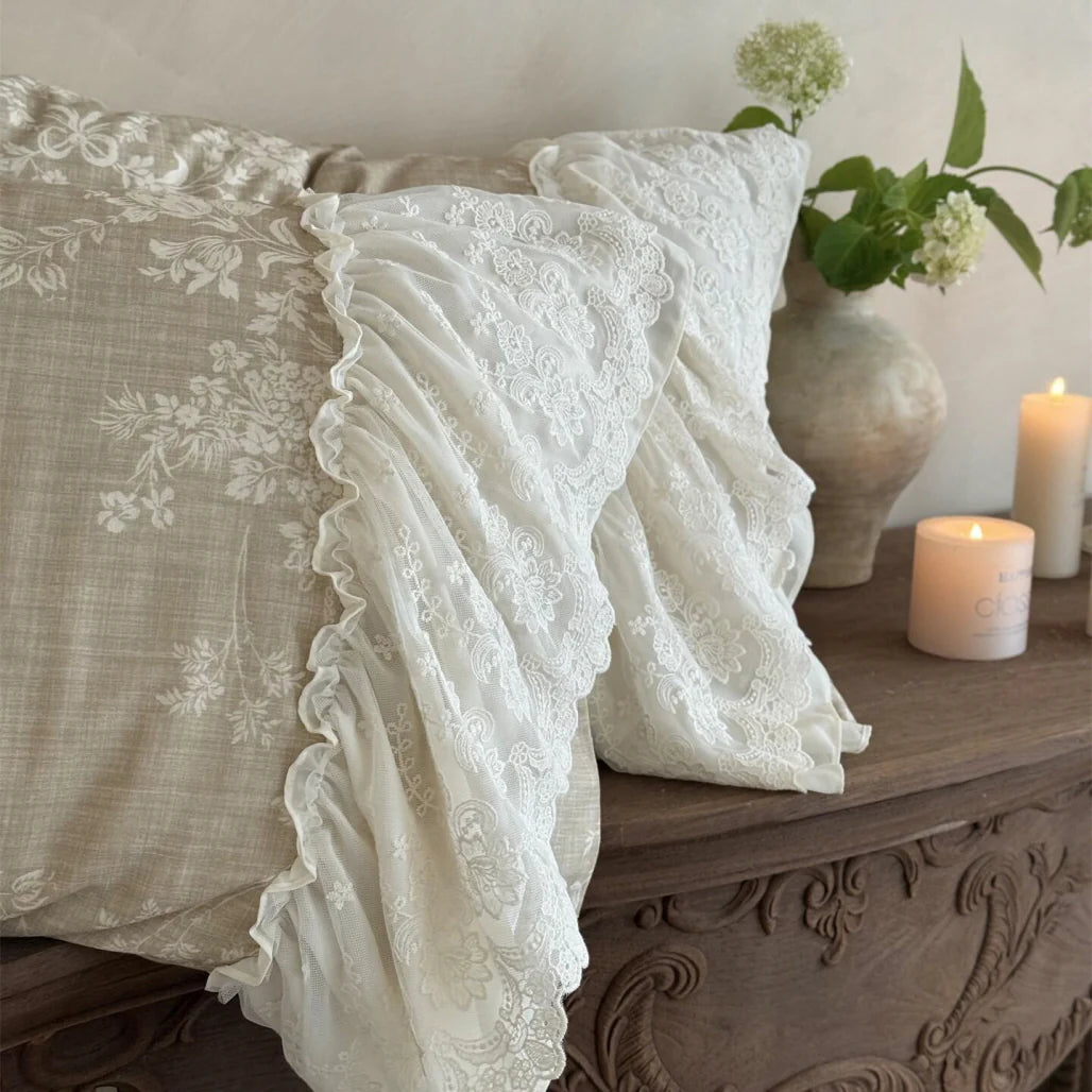 Beige Floral Lace Ruffle Bedding Set