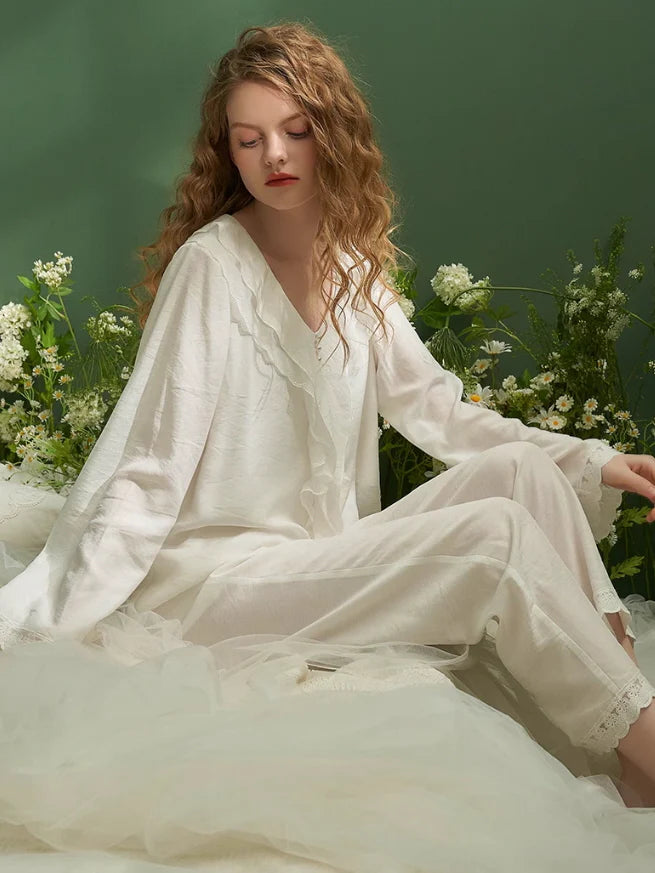 Elegant Ruffled Lace-Trim Pajama Set