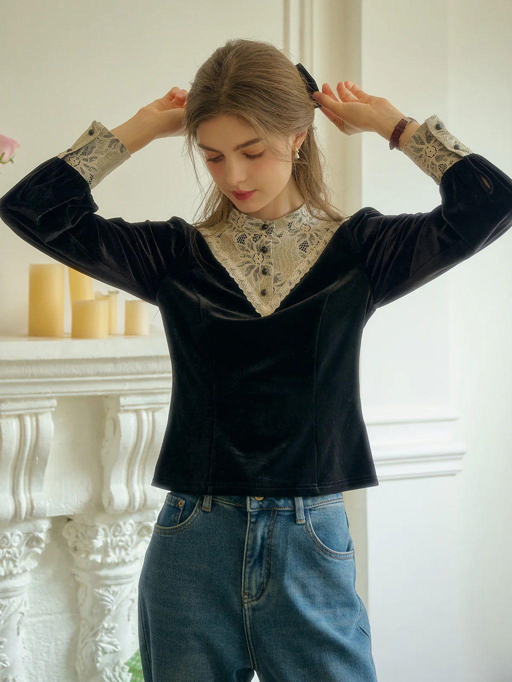 Victorian Lace Trim Black Velvet Blouse