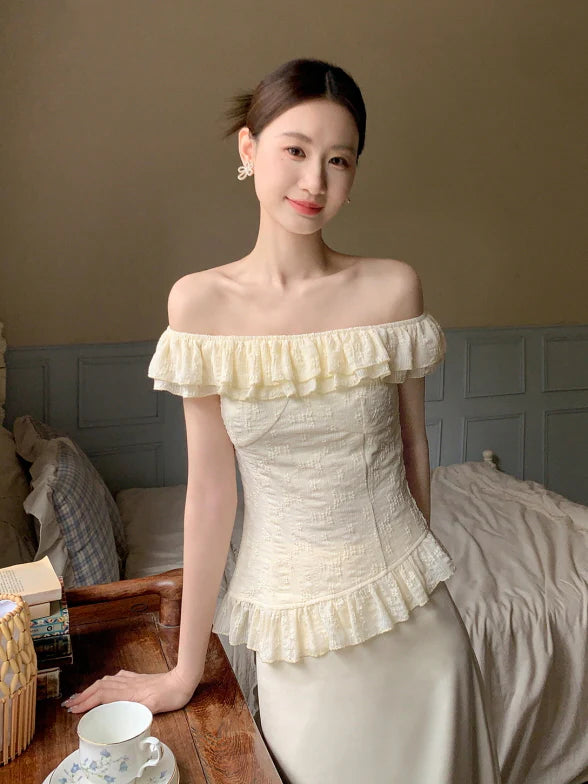 Ivory Ruffle Top & Satin Flare Skirt