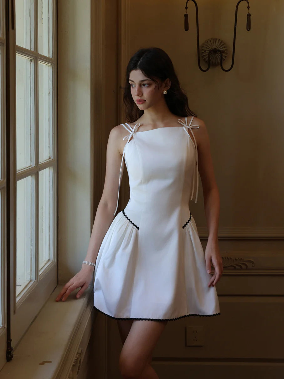 White Ribbon-Shoulder Mini Dress