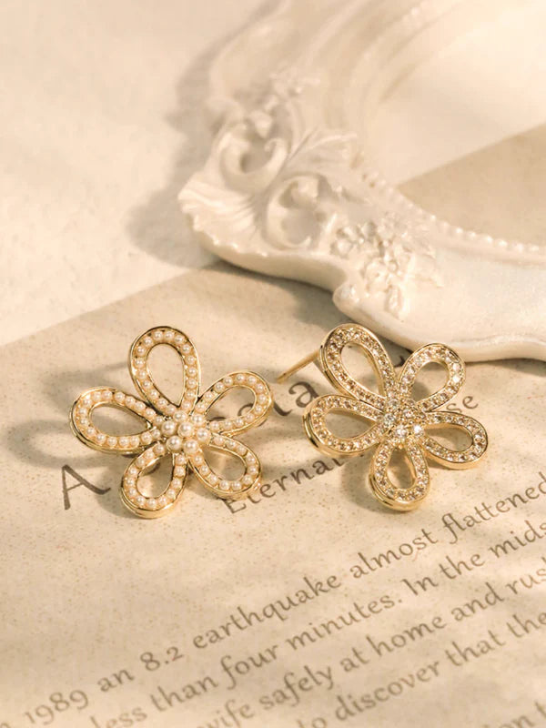Pearl Zircon Flower Earrings
