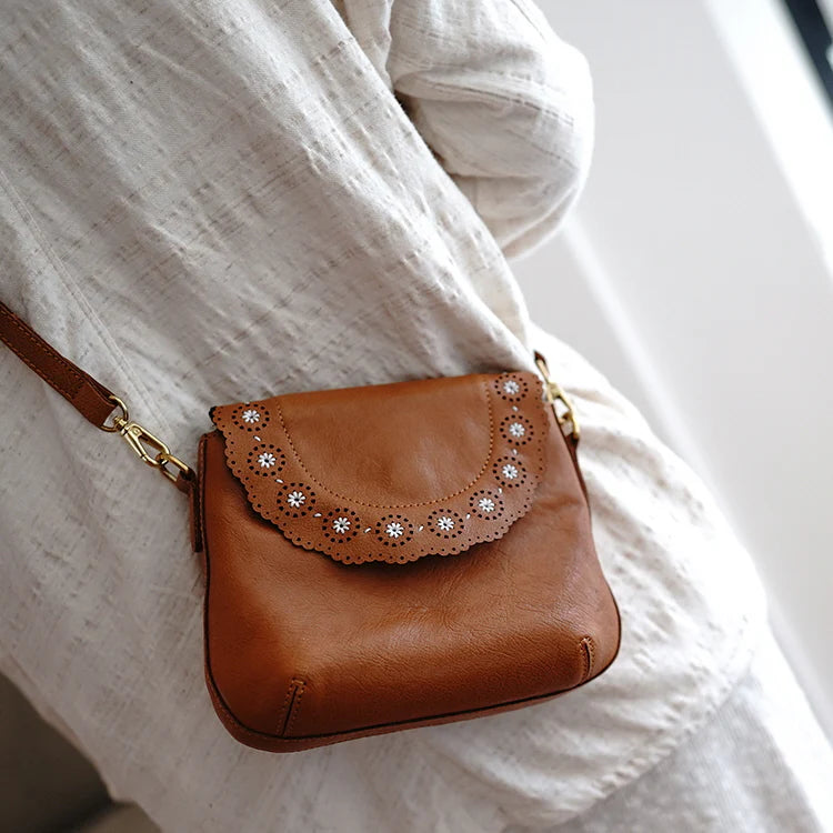 Petite Scalloped Flap Genuine Leather Crossbody Bag