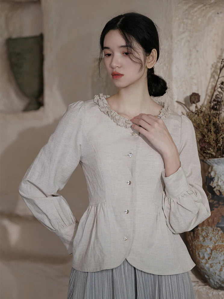 Ruffled Collar Linen Peplum Blouse