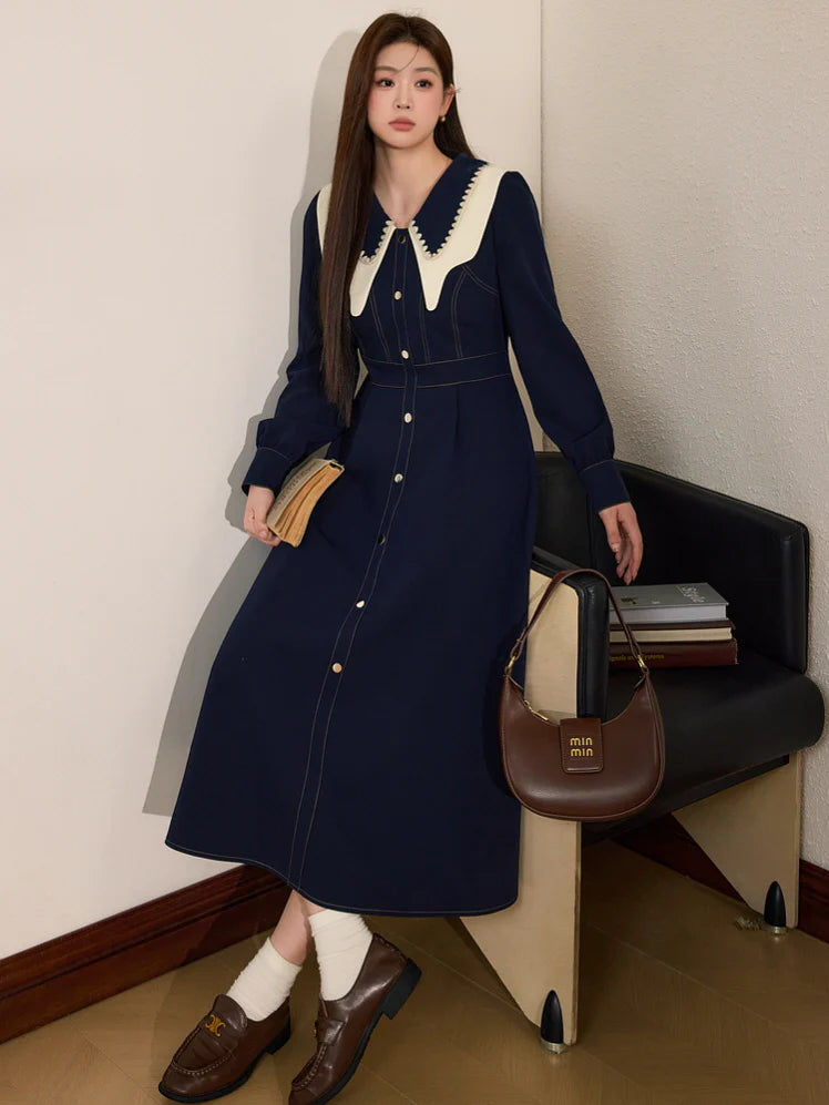 Navy Elegance Vintage Collar Dress
