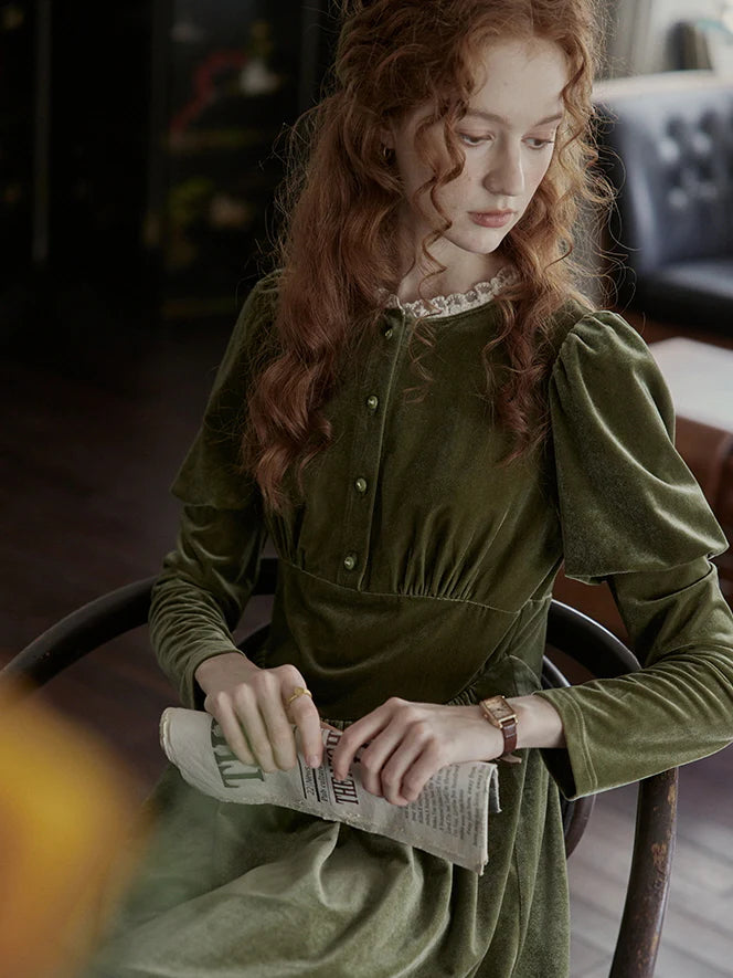 Olive Velvet Lace-Trimmed Vintage Dress