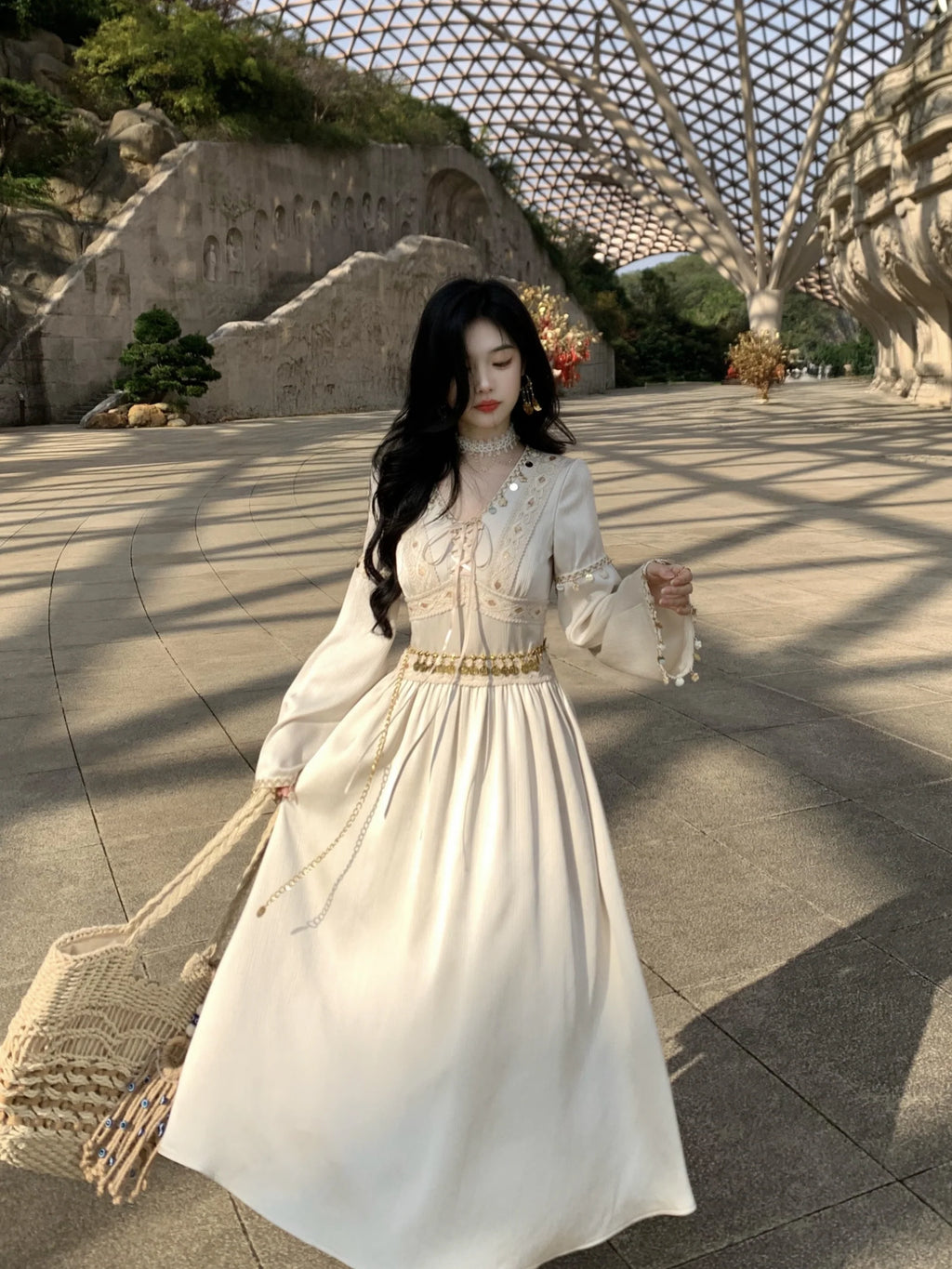 Golden Ethereal Lace-Up Flare Sleeve Chiffon Dress