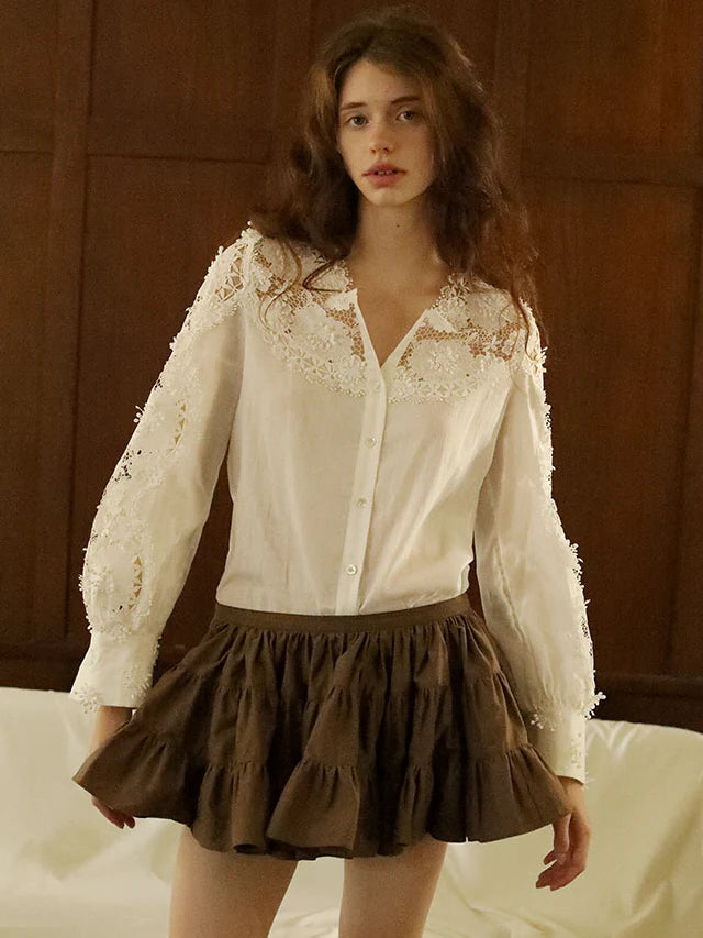 Ethereal Lace Trim Linen-Cotton Blouse