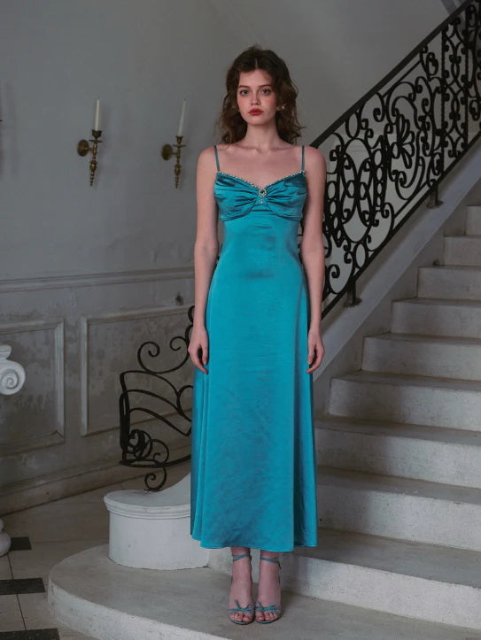 Turquoise Moonlit Satin Jewel Dress
