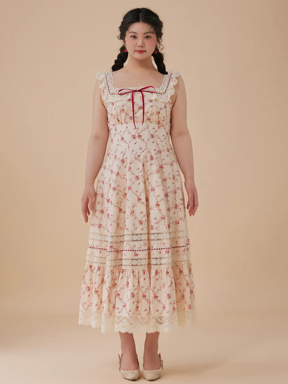 Red Bloom Cotton Lace-Up Dress