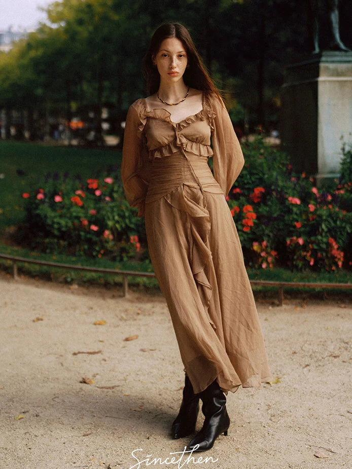 Mocha Ruffle Dream Long Dress