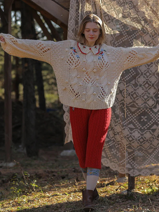 Floral Collared Cozy Knit Sweater