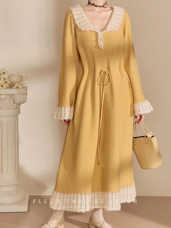 Golden Daydream Crochet Trim Knit Dress