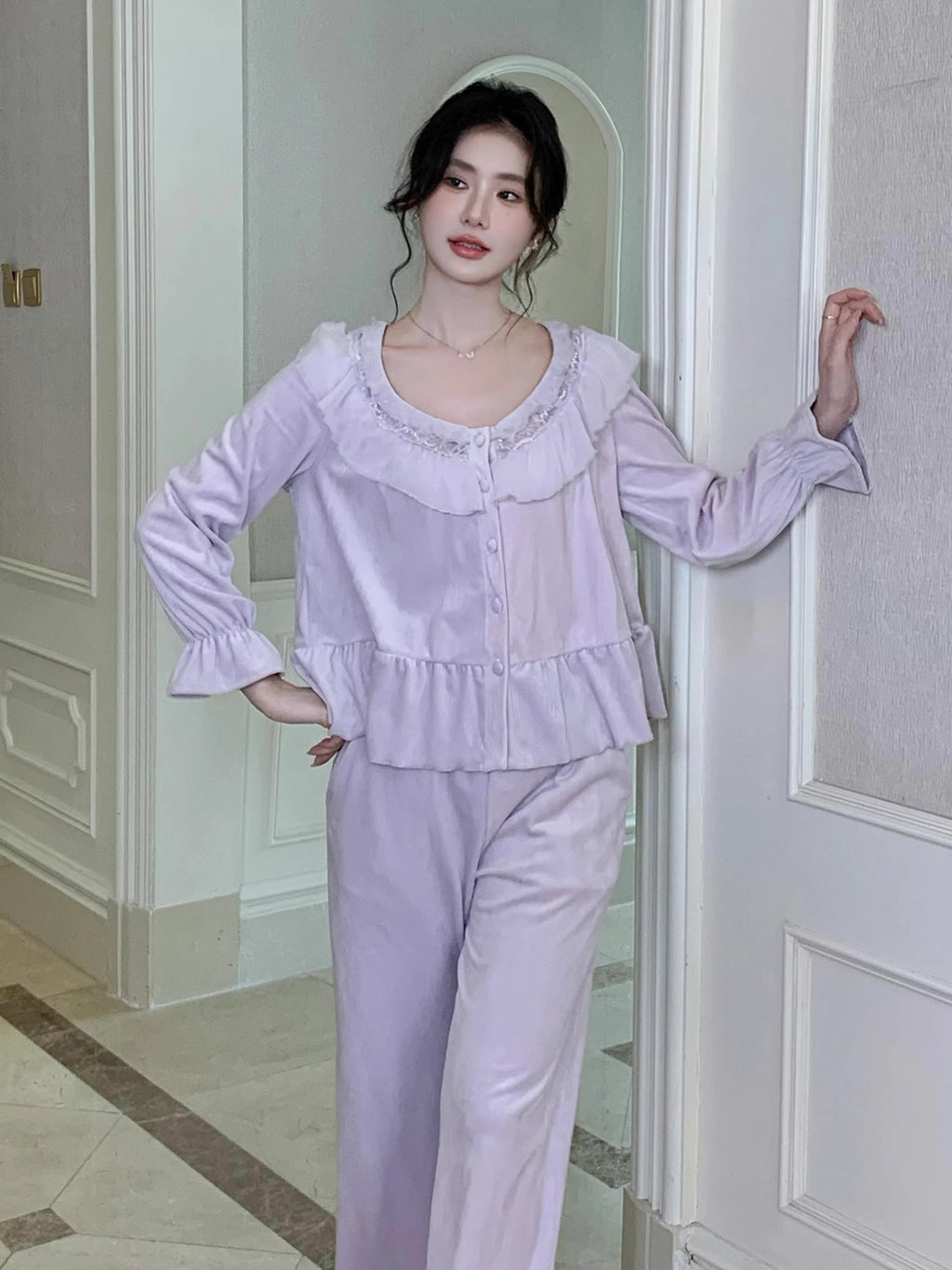 Dreamy Velvet Ruffle Pajama Set