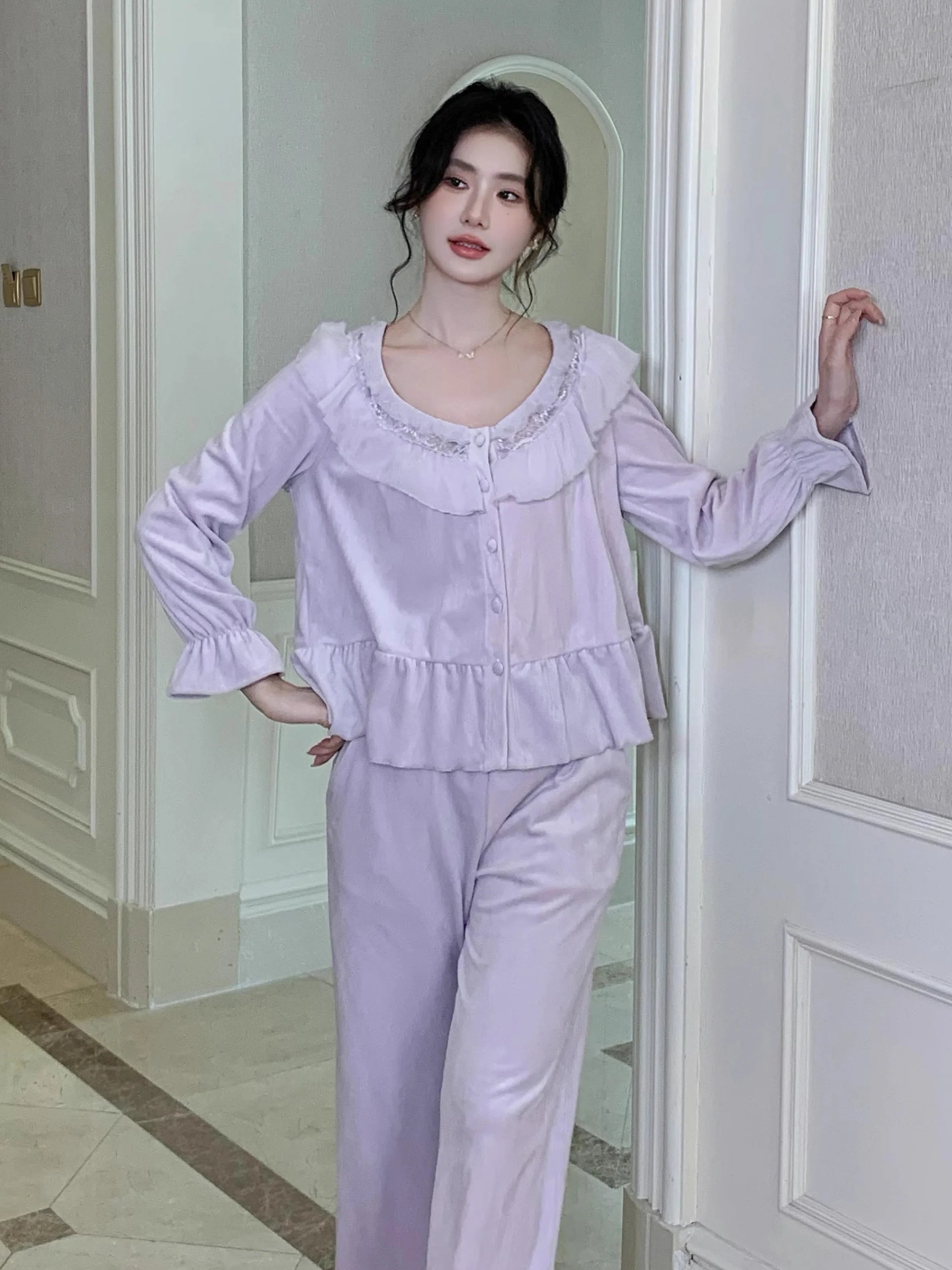 Dreamy Velvet Ruffle Pajama Set