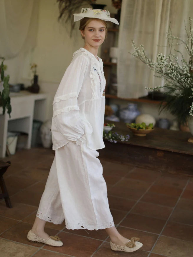 Flower Basket Embroidery Linen Blouse