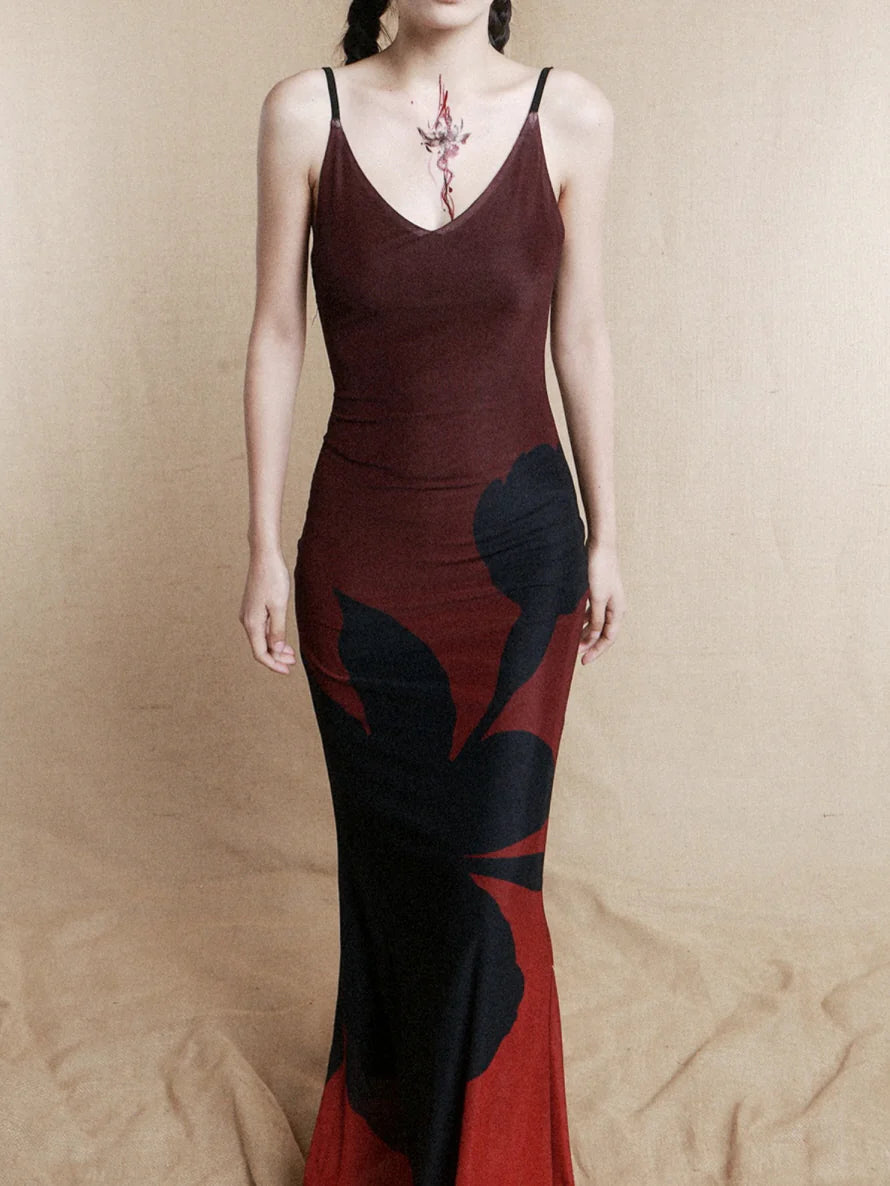 Crimson Shadow Bloom Slip Dress