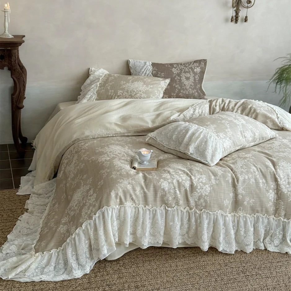 Beige Floral Lace Ruffle Bedding Set