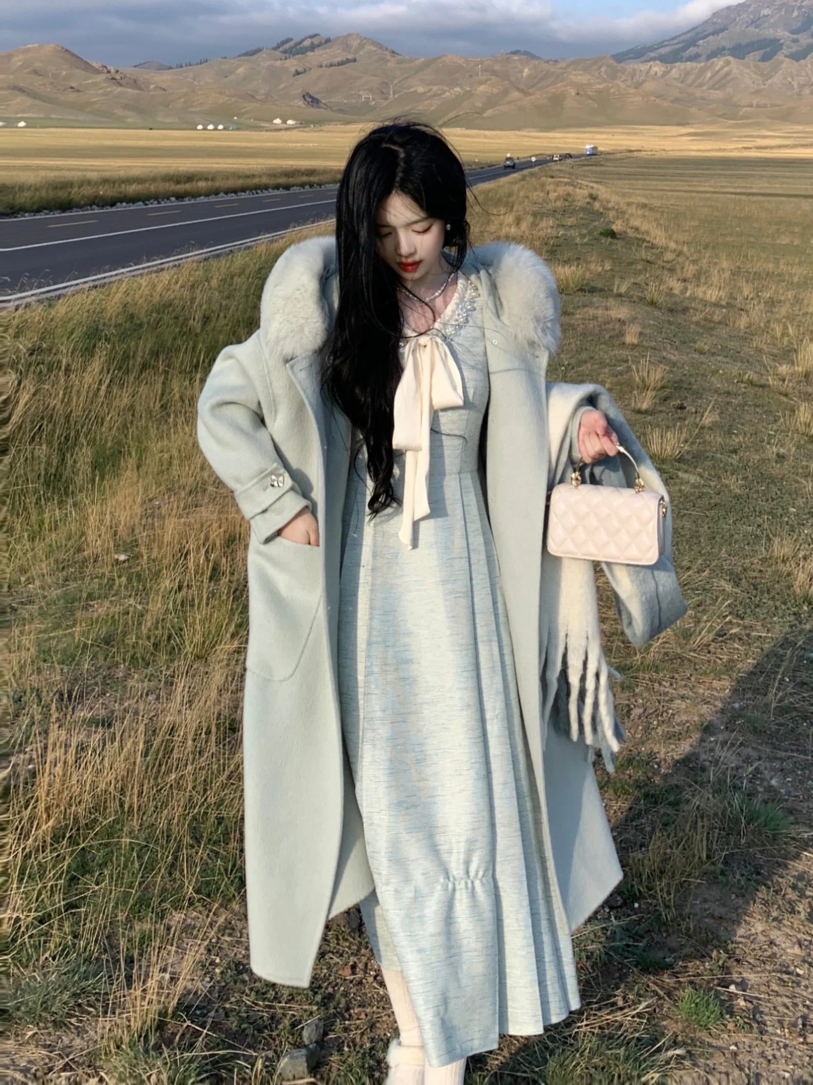 Fur Collar Wool Double-Breasted Coat