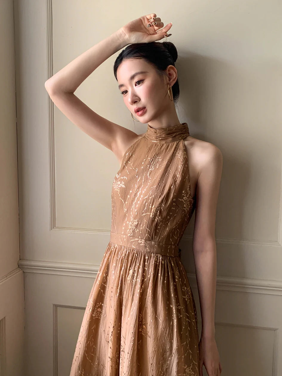 Golden Bloom Halter Dress