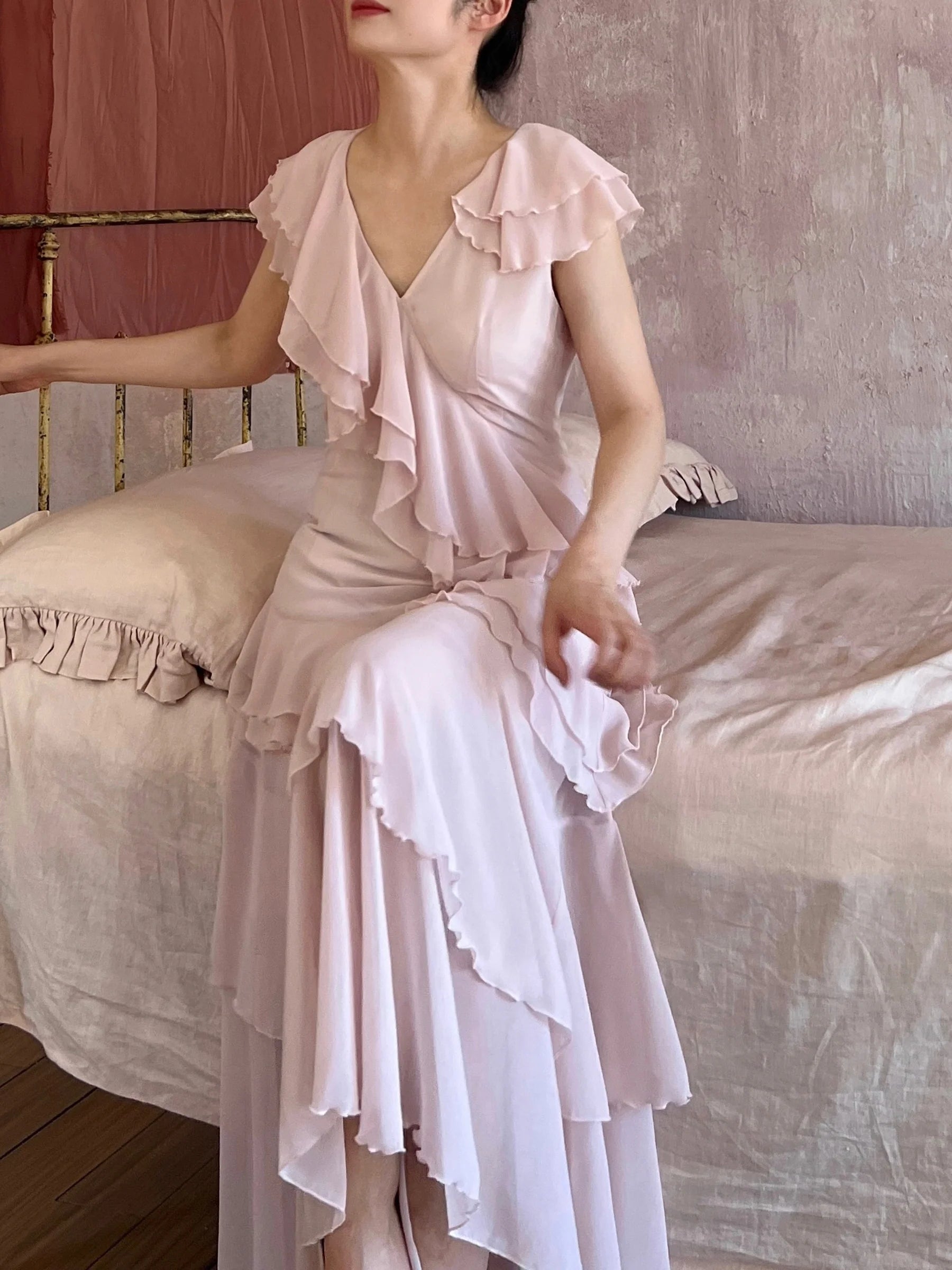 Graceful Pink Ruffle V-Neck Maxi Dress