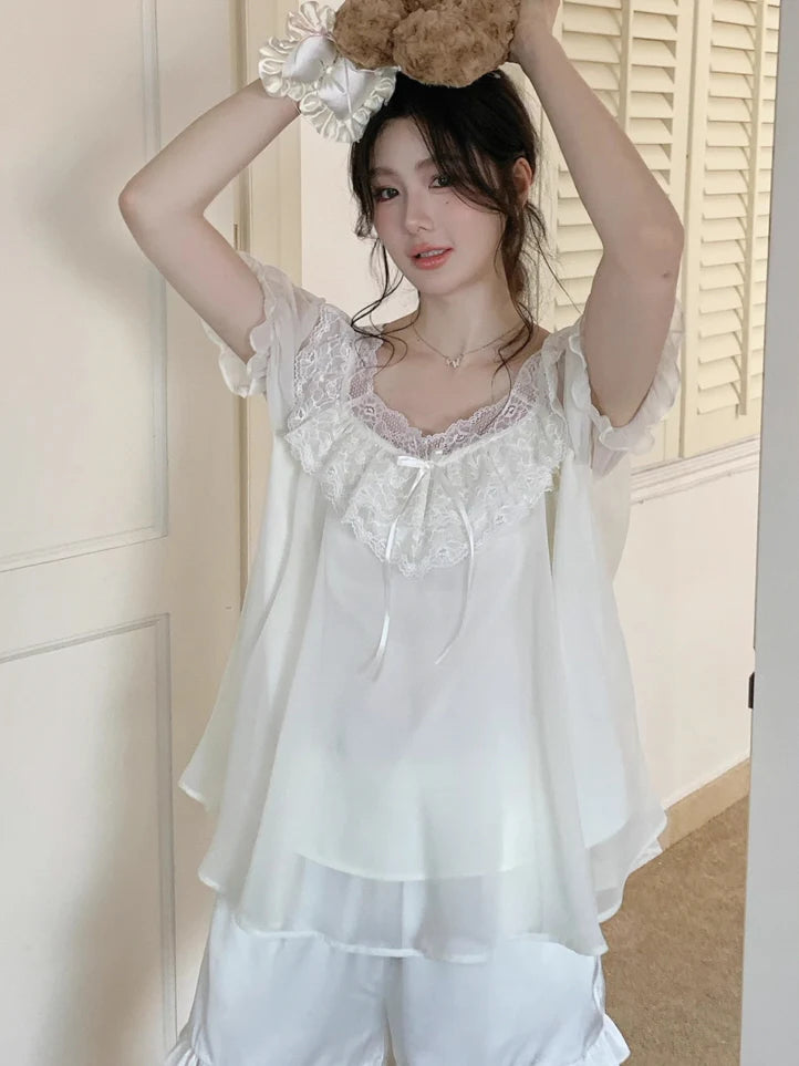 Blush Ruffle Lace Chiffon Pajama Set