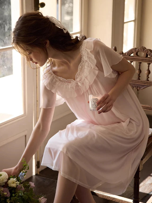 Ethereal Ruffled Lace Nightgown