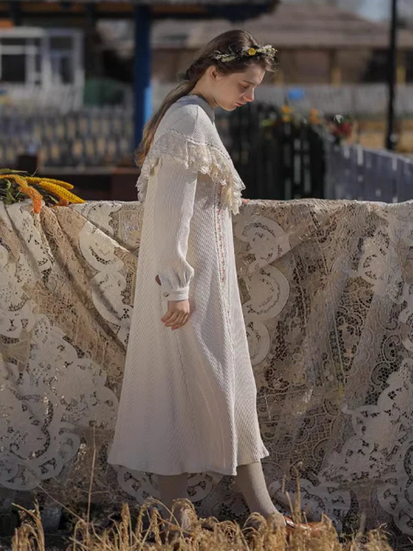 Victorian Elegance Beige Knit Dress