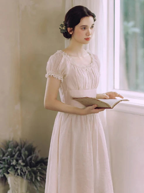 Blush Pearl‑Detail Lace Trim Dress