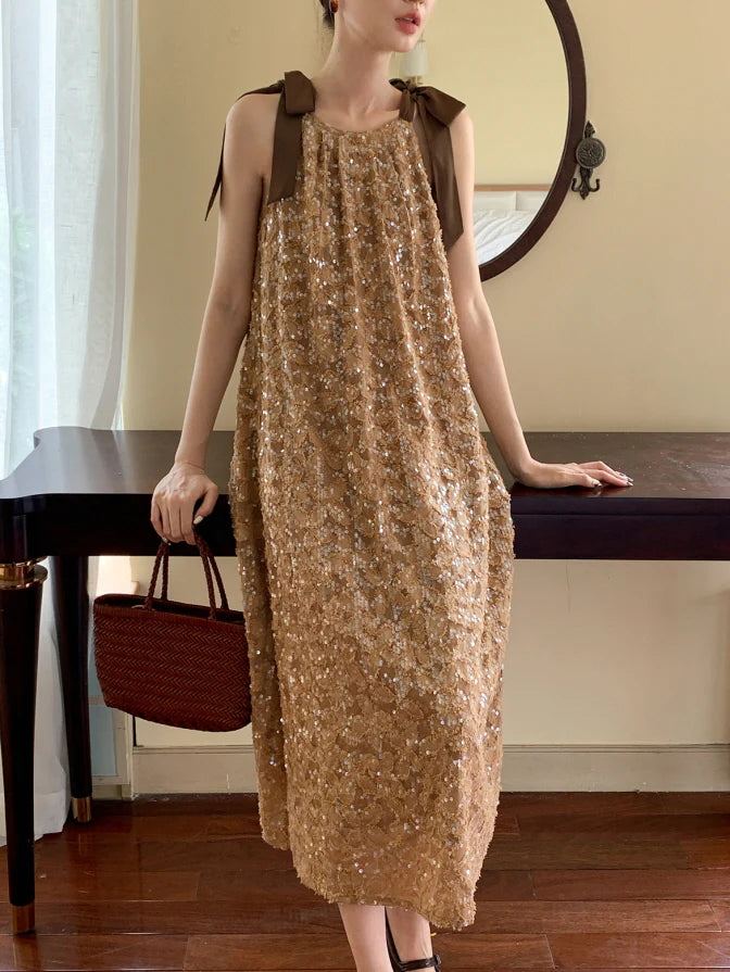 Golden Sequin Ribbon Strap Dress