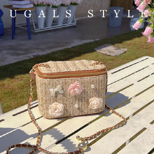 Flower Straw Woven Square Chain Bag