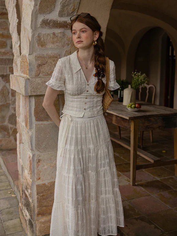 Vintage Textured Cotton Blouse & Skirt