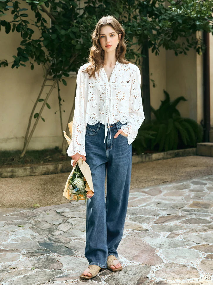Floral Eyelet Lace Tie-Front Blouse