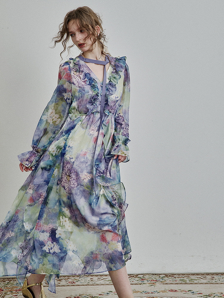 Ethereal Watercolor Ruffle Dress