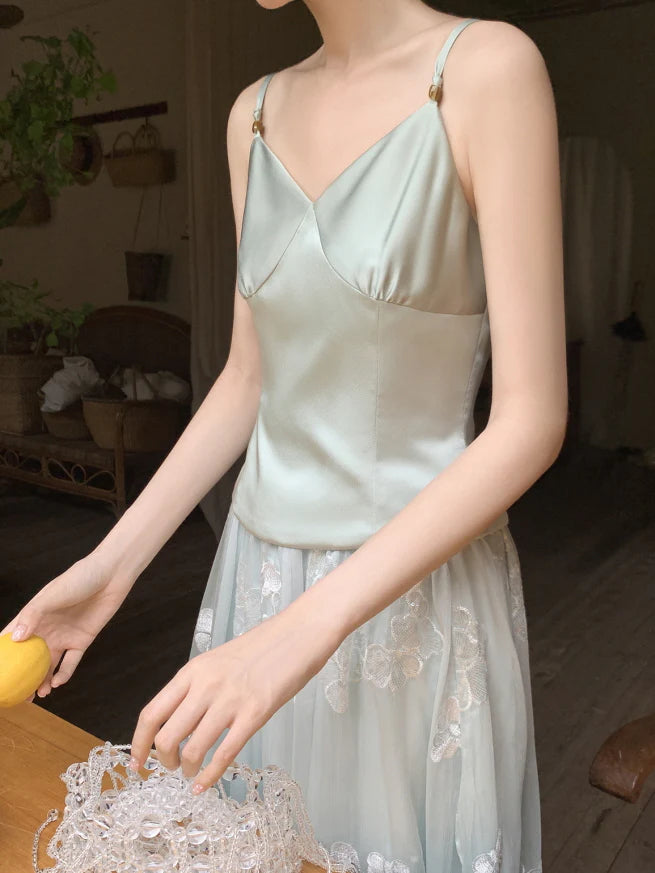 Whispering Petal Satin Top & Embroidered Tulle Skirt