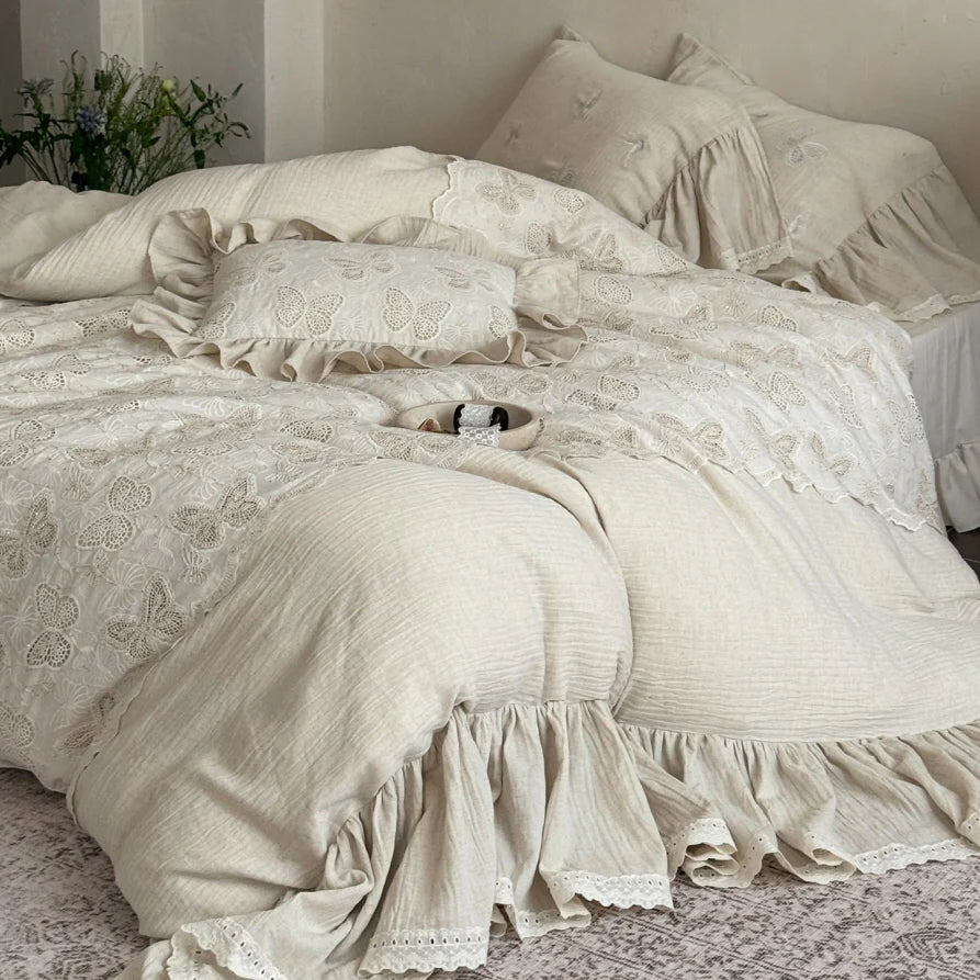 Ivory Butterfly Lace Ruffle Bedding Set