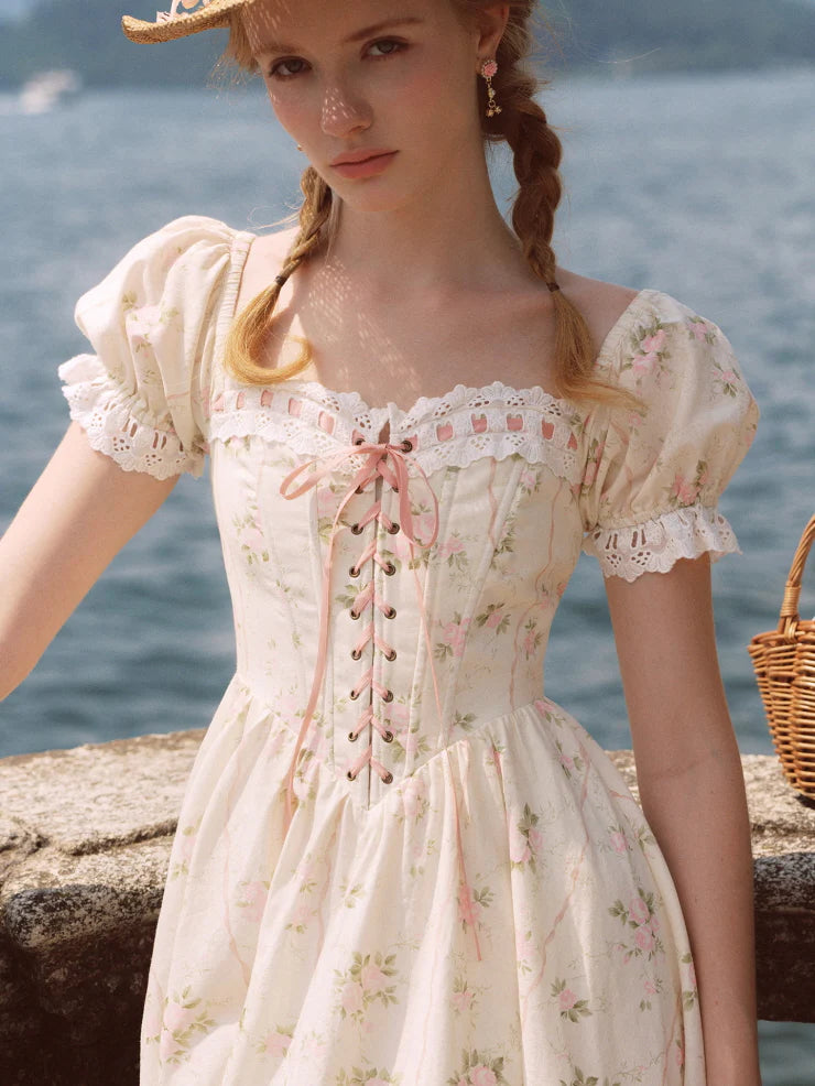 Vintage Rose Garden Lace-Up Off-Shoulder Dress